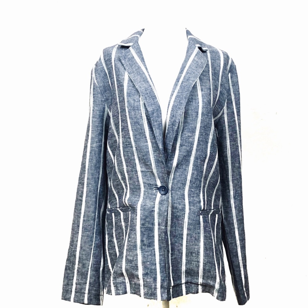 Anthropologie DREW Denim Stripe Linen Blazer
